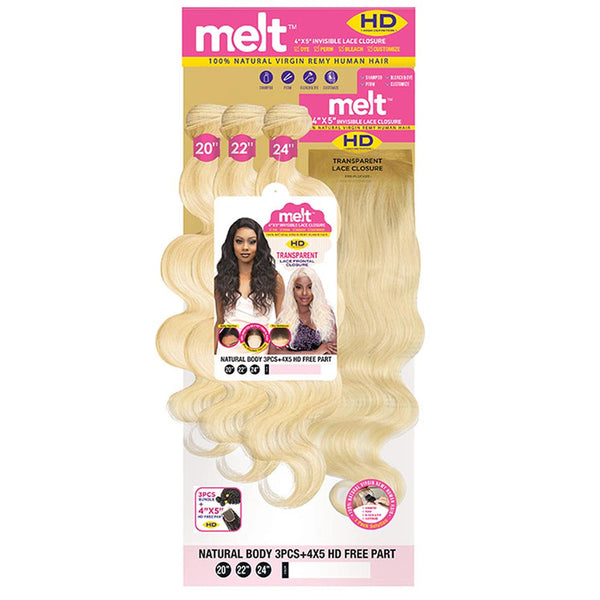 Janet Collection Melt Natural Human Hair Weaves - Natural Body 3pcs + 4"X5" Closure (613L)