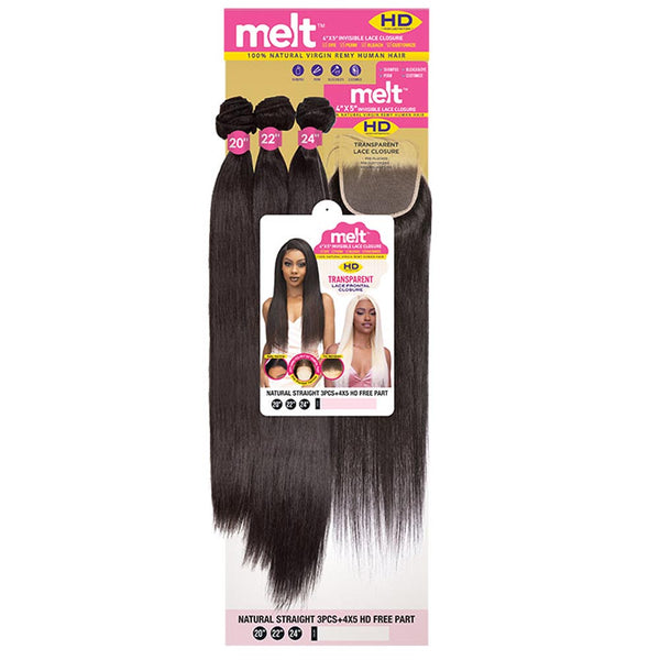 Janet Collection Melt Natural Human Hair Weaves - Natural Straight + 4"X5" Closure